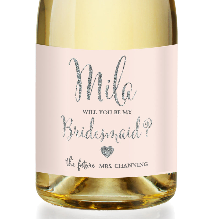 "Mila" Blush + Silver Bridesmaid Proposal Champagne Labels