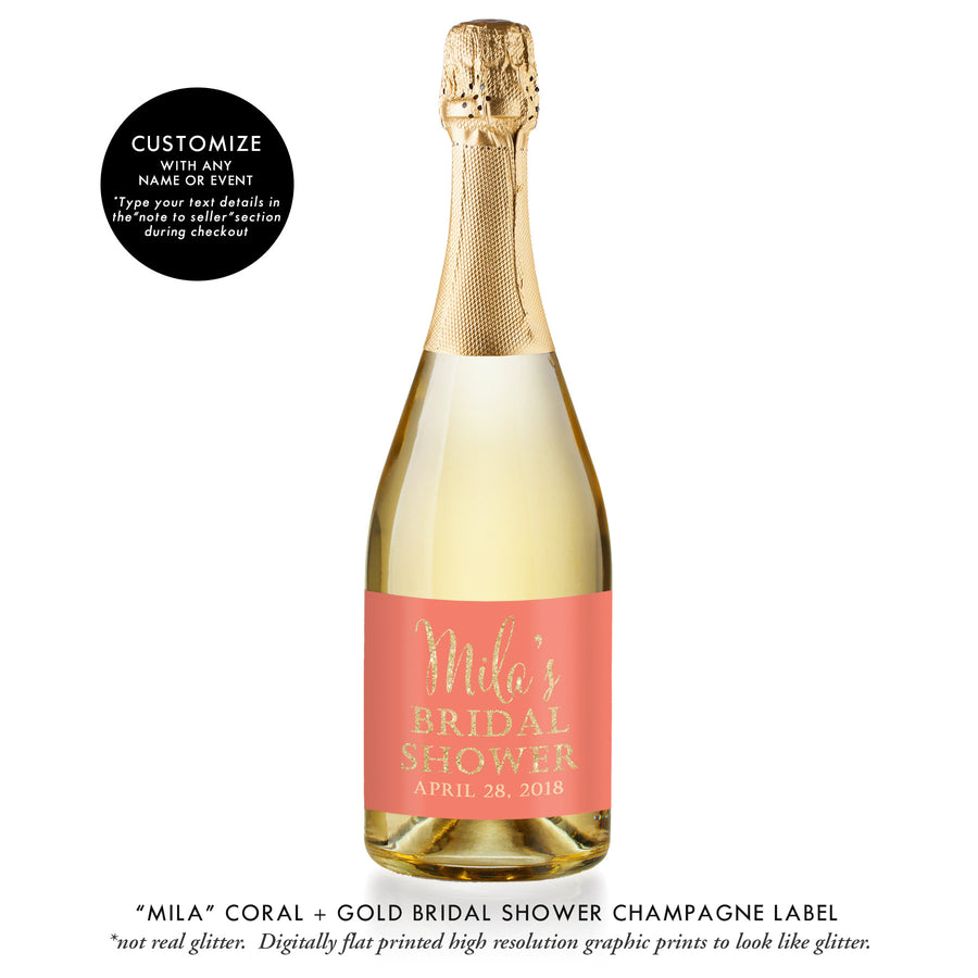 "Mila" Coral + Gold Bridal Shower Champagne Labels