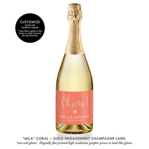 "Mila" Coral + Gold Engagement Champagne Labels
