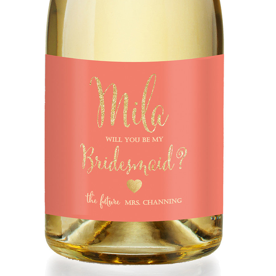 "Mila" Coral + Gold Bridesmaid Proposal Champagne Labels