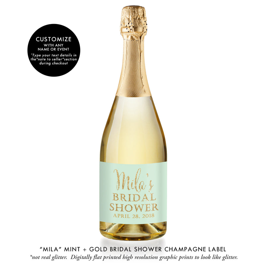 "Mila" Mint + Gold Bridal Shower Champagne Labels