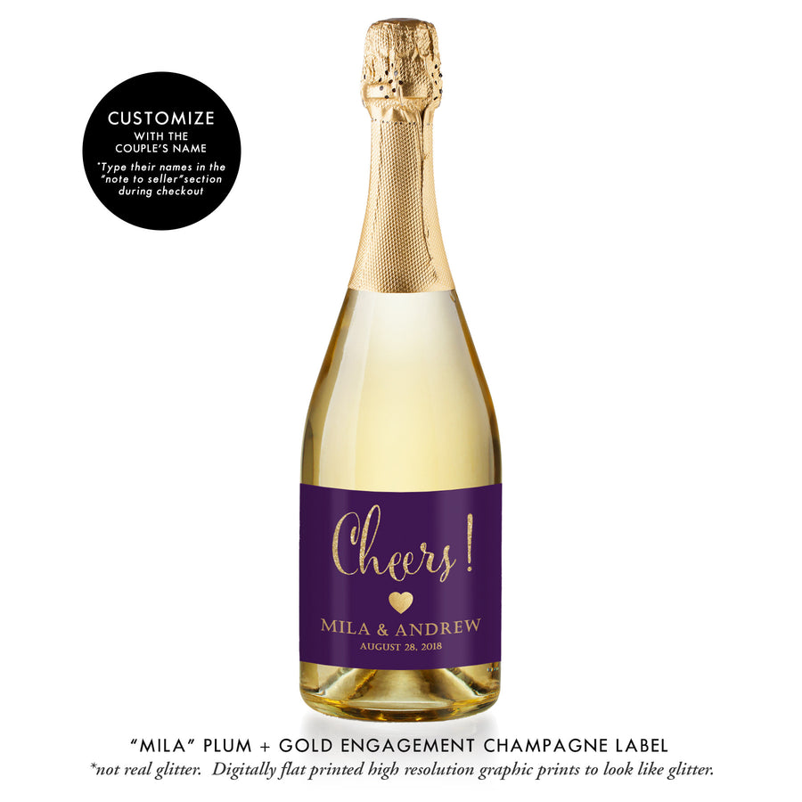 "Mila" Plum + Gold Engagement Champagne Labels