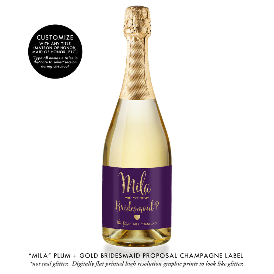 "Mila" Plum + Gold Bridesmaid Proposal Champagne Labels