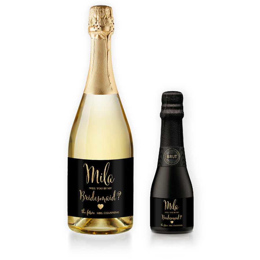 "Mila" Black + Gold Bridesmaid Proposal Champagne Labels