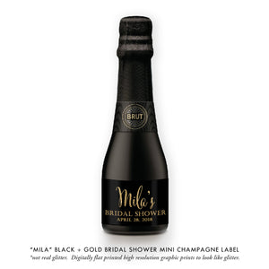 "Mila" Black + Gold Bridal Shower Champagne Labels