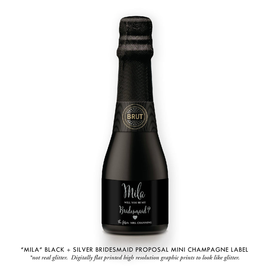 "Mila" Black + Silver Bridesmaid Proposal Champagne Labels