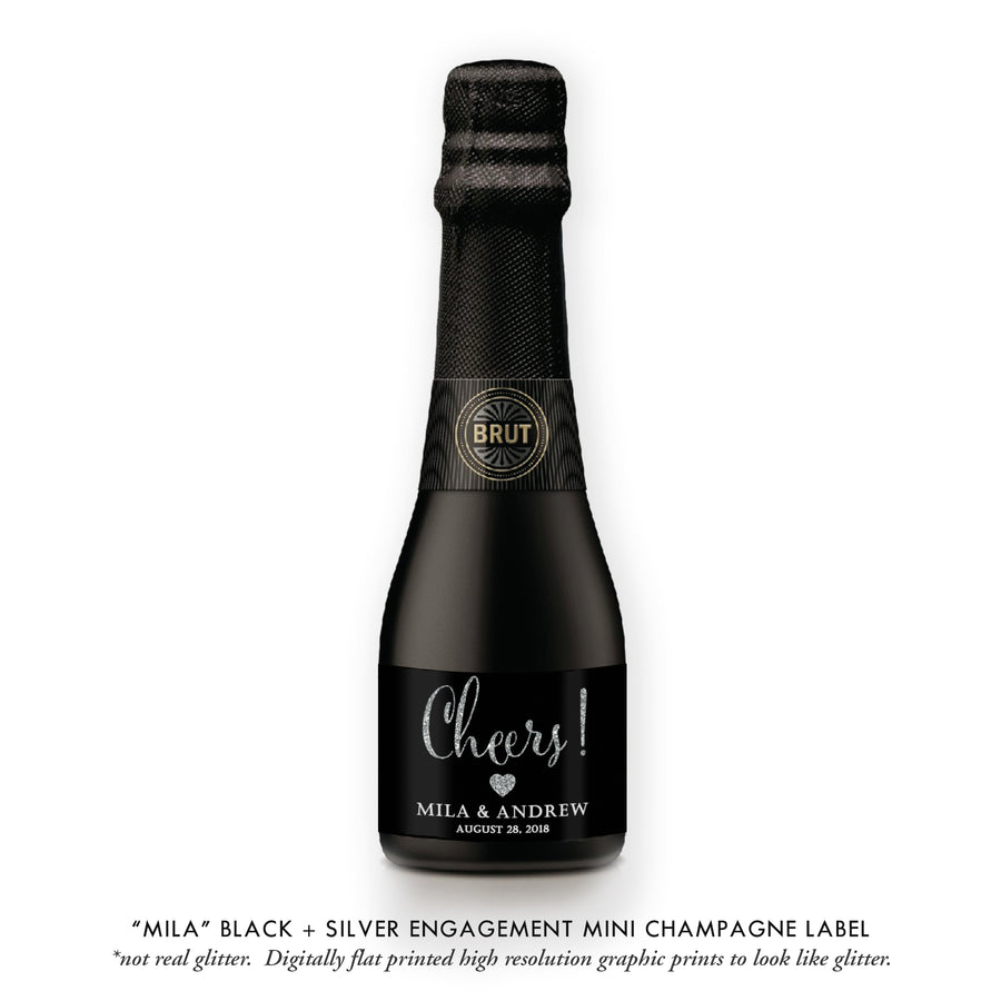 "Mila" Black + Silver Engagement Champagne Labels