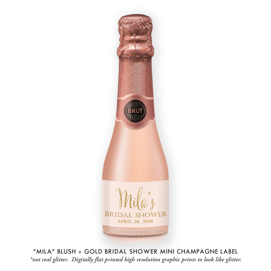 "Mila" Blush + Gold Bridal Shower Champagne Labels