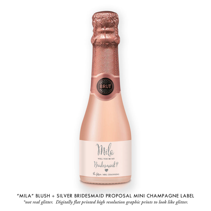 "Mila" Blush + Silver Bridesmaid Proposal Champagne Labels