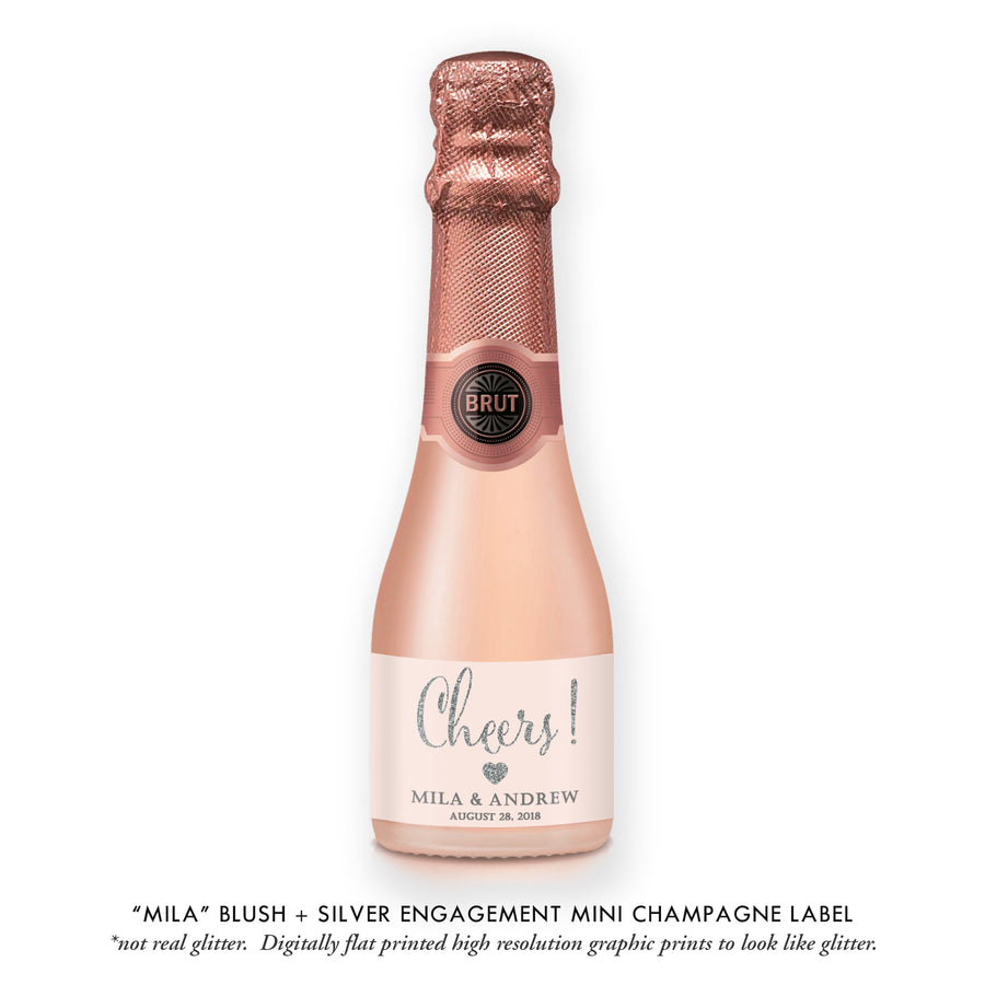 "Mila" Blush + Silver Engagement Champagne Labels