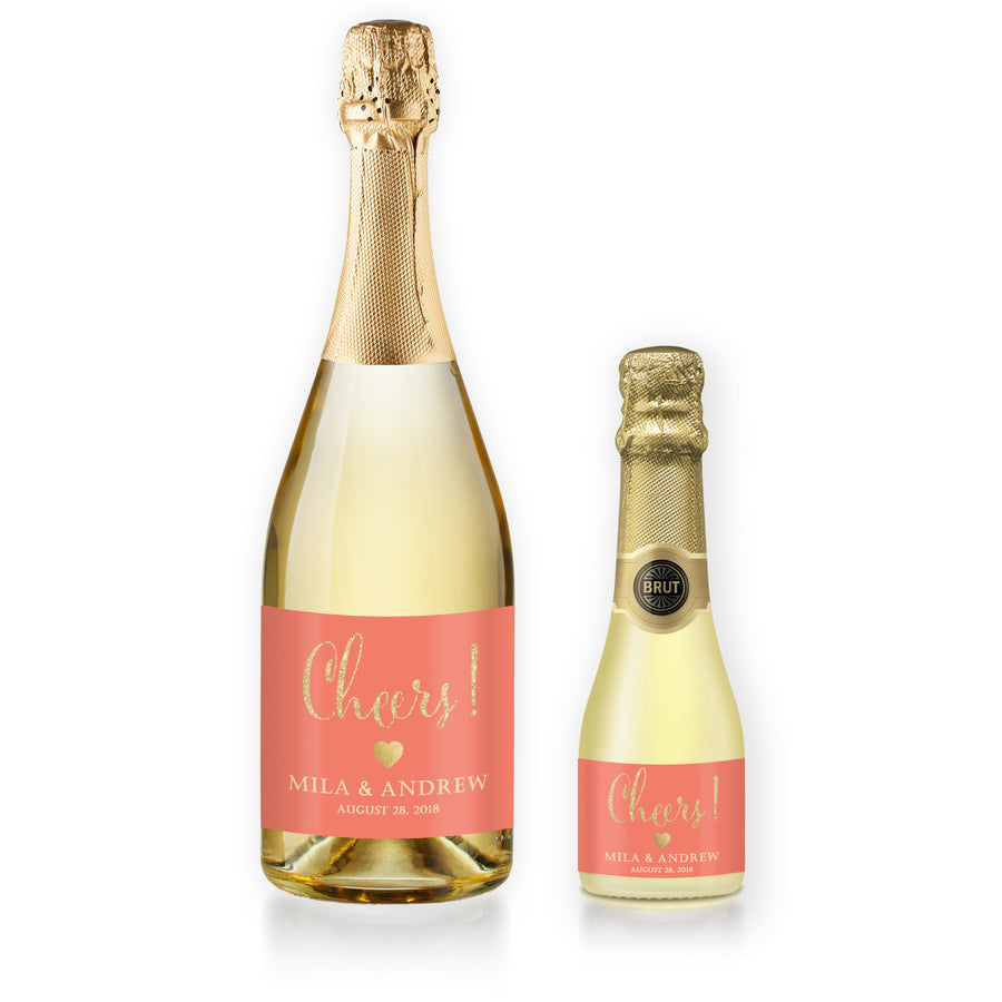 "Mila" Coral + Gold Engagement Champagne Labels
