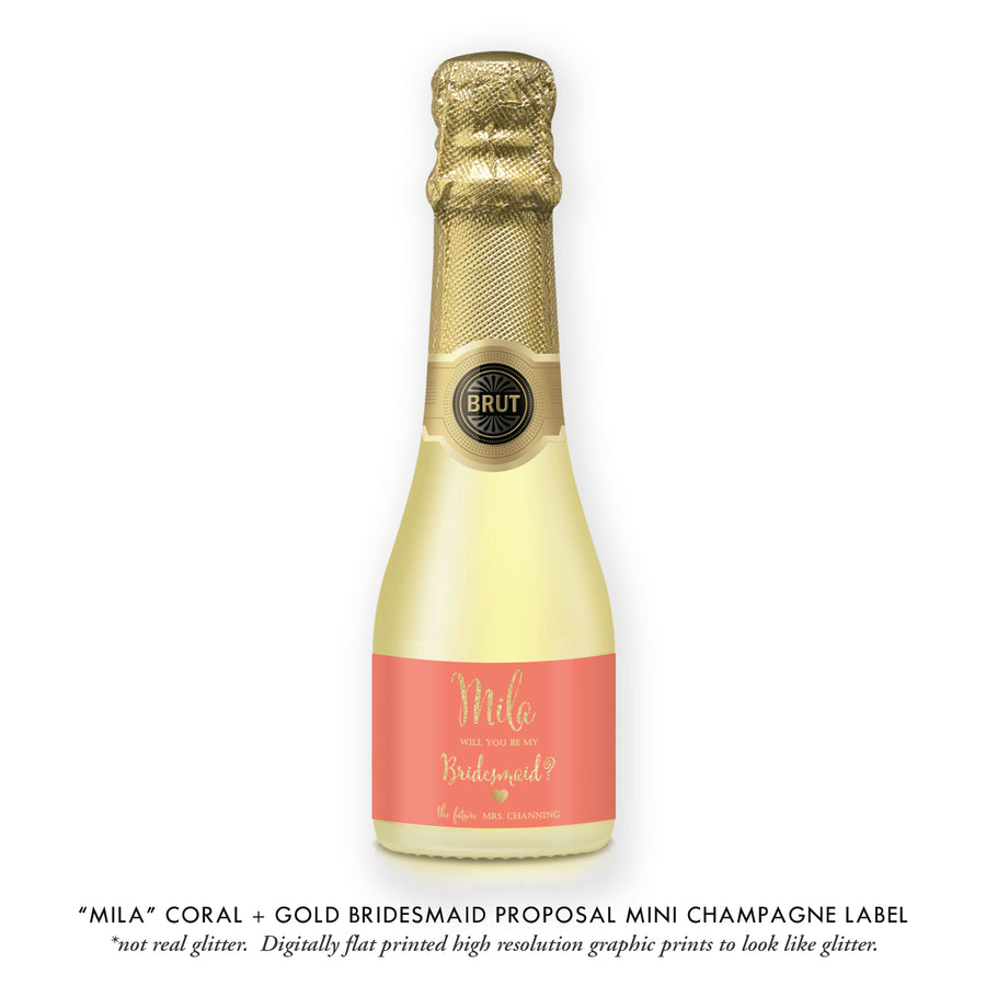 "Mila" Coral + Gold Bridesmaid Proposal Champagne Labels