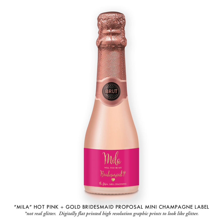 "Mila" Hot Pink + Gold Bridesmaid Proposal Champagne Labels