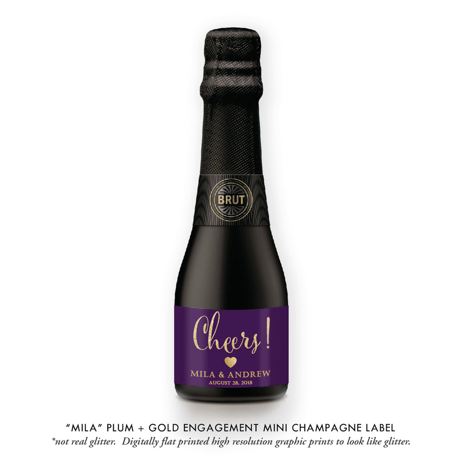 "Mila" Plum + Gold Engagement Champagne Labels