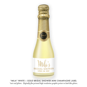 "Mila" White + Gold Bridal Shower Champagne Labels