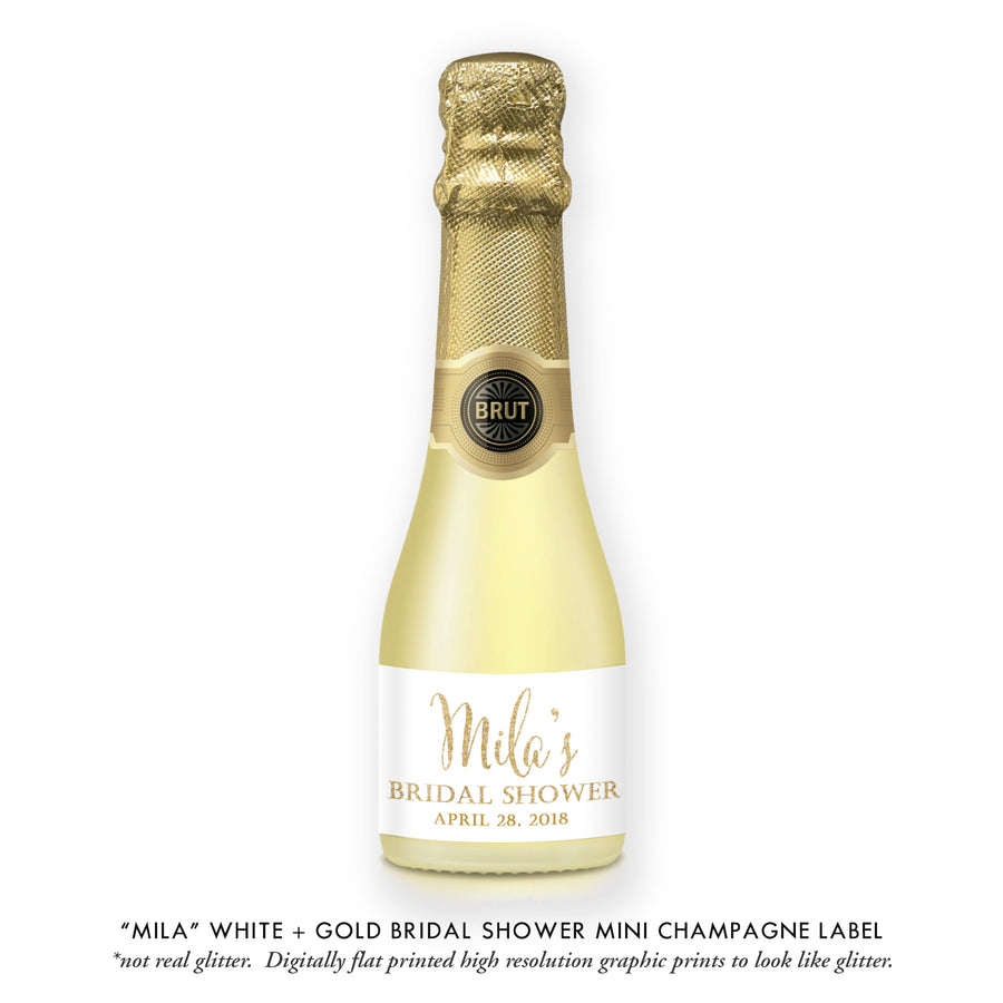 "Mila" White + Gold Bridal Shower Champagne Labels