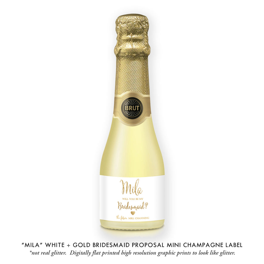 "Mila" White + Gold Bridesmaid Proposal Champagne Labels