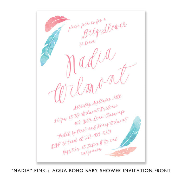 "Nadia" Pink + Aqua Boho Baby Shower Invitation
