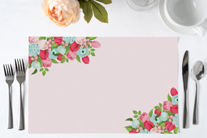 Pink blue bloom roses paper placemats, perfect for modern table setting and chic outdoor dining decor, by Digibuddha.