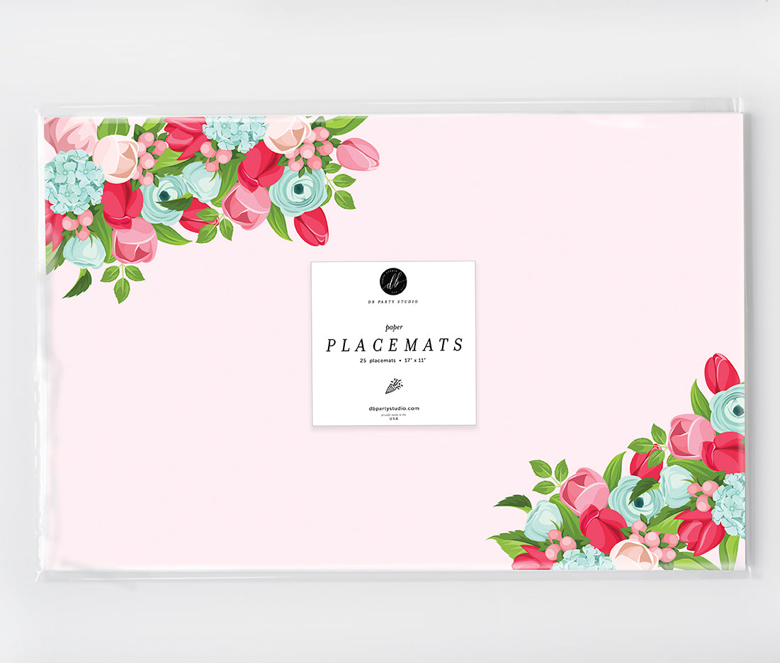 Pink Blue Bloom Roses Paper Placemats