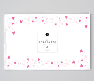 Valentine pink hearts paper placemats by Digibuddha, featuring pink heart design ideal for Valentine's Day and daily dining.
