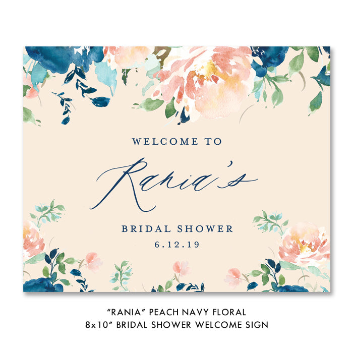 Elegant peach and navy floral bridal shower invitation featuring classic peach and deep blue flowers