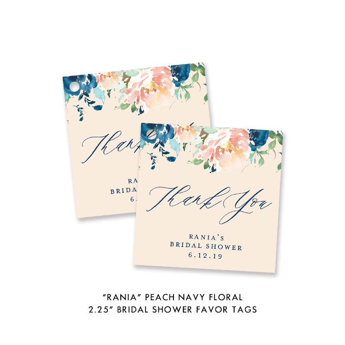 Elegant peach and navy floral bridal shower invitation featuring classic peach and deep blue flowers