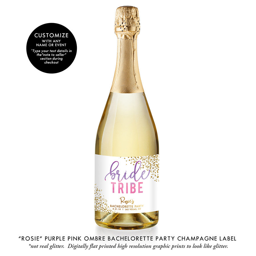 "Rosie" Purple Pink Ombre Bachelorette Party Champagne Labels