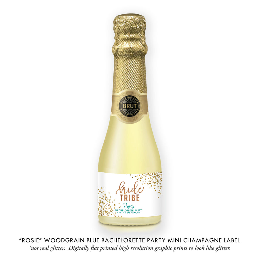 "Rosie" Woodgrain Turquoise Bachelorette Party Champagne Labels