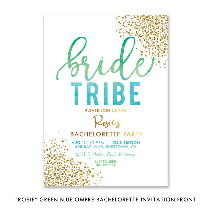 "Rosie" Green Blue Ombre Bride Tribe Bachelorette Invitation