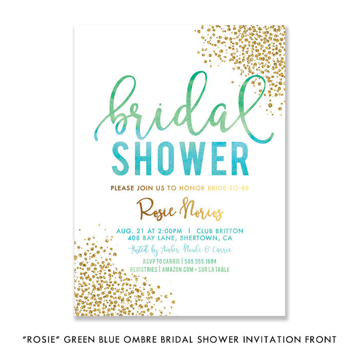 Chic Green Blue Ombre Bridal Shower Invitation with festive gold dots, perfect for elegant, modern bridal celebrations.