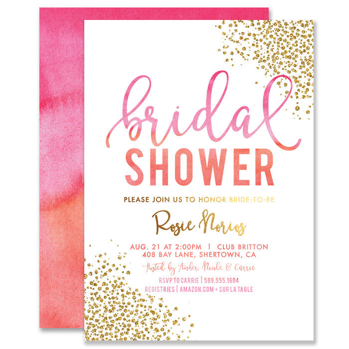 Chic Pink Orange Ombre Bridal Shower Invitation with gold dots, perfect for elegant, modern bridal showers.