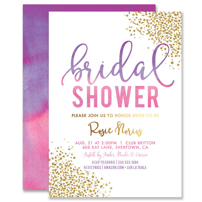 Elegant Pink Purple Ombre Bridal Shower Invitation with chic gold dots, perfect for a modern, stylish bridal celebration.