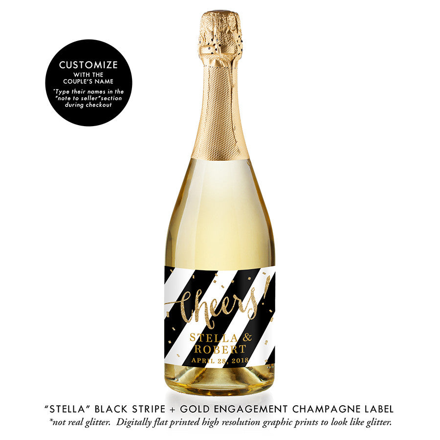 "Stella" Black Stripe + Gold Engagement Champagne Labels