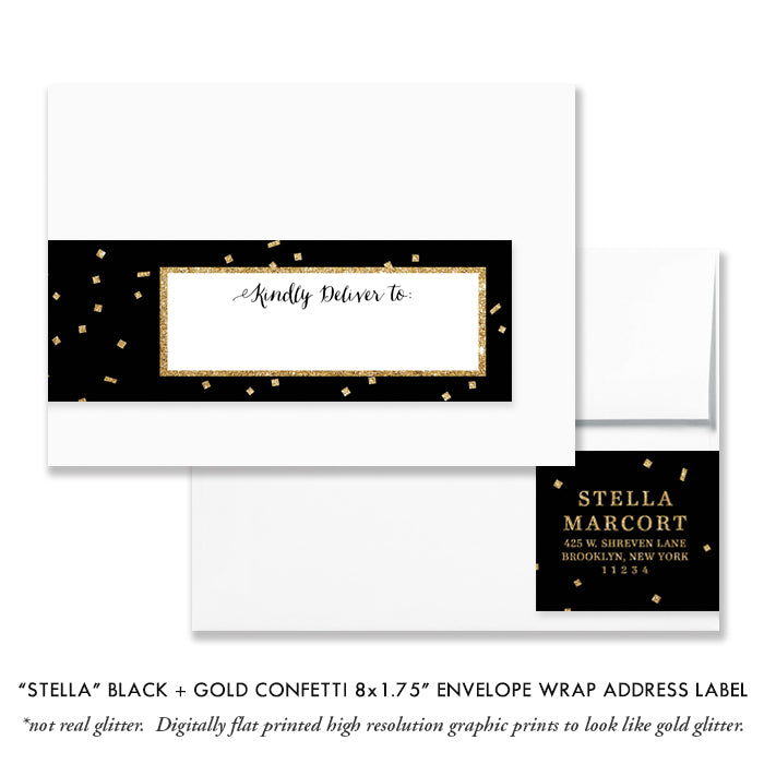 "Stella" Black + Gold Glitter Confetti Envelope Wrap Address Labels