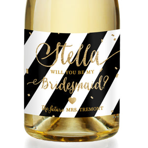 "Stella" Black Stripe + Gold Bridesmaid Proposal Champagne Labels