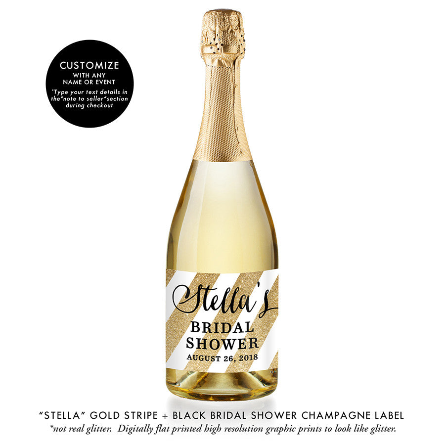 "Stella" Gold Stripe + Black Bridal Shower Champagne Labels