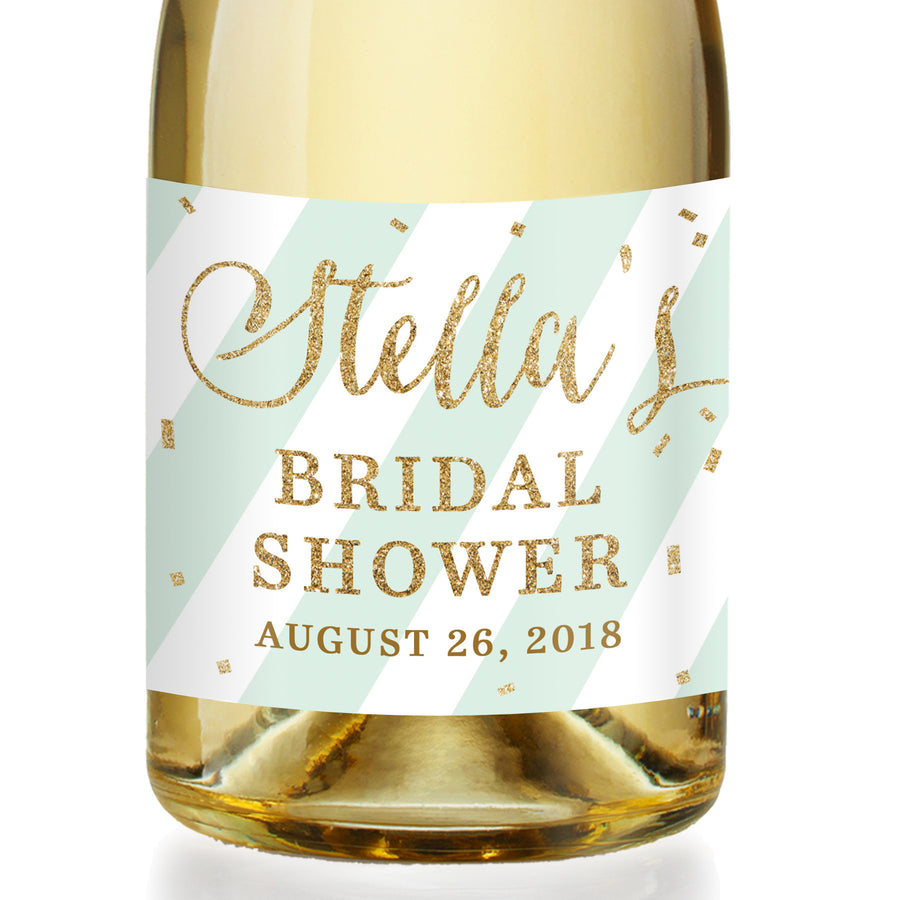 "Stella" Mint Stripe + Gold Bridal Shower Champagne Labels