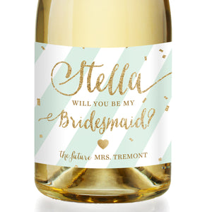 "Stella" Mint Stripe + Gold Bridesmaid Proposal Champagne Labels