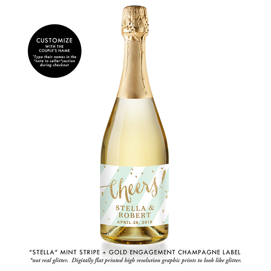 "Stella" Mint Stripe + Gold Engagement Champagne Labels