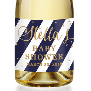 "Stella" Navy Stripe + Gold Baby Shower Champagne Labels