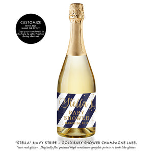 "Stella" Navy Stripe + Gold Baby Shower Champagne Labels