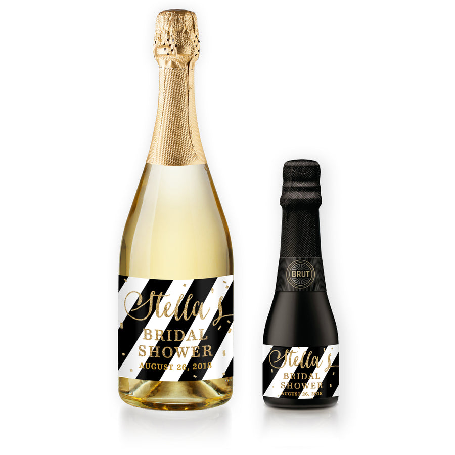"Stella" Black Stripe + Gold Bridal Shower Champagne Labels