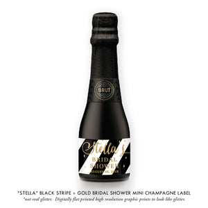 "Stella" Black Stripe + Gold Bridal Shower Champagne Labels
