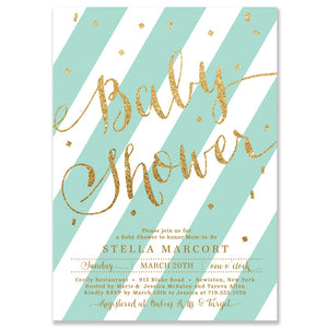 "Stella" Blue Mint + Gold Glitter Baby Shower Invitation