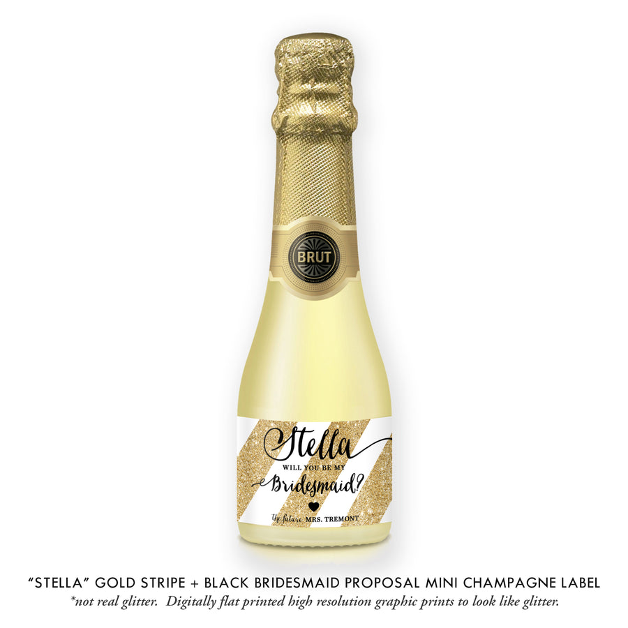 "Stella" Gold Stripe + Black Bridesmaid Proposal Champagne Labels