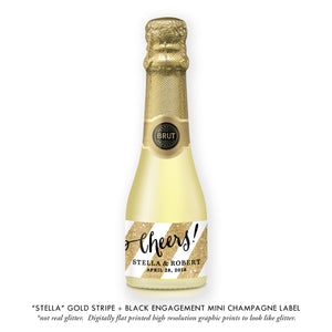 "Stella" Gold Stripe + Black Engagement Champagne Labels
