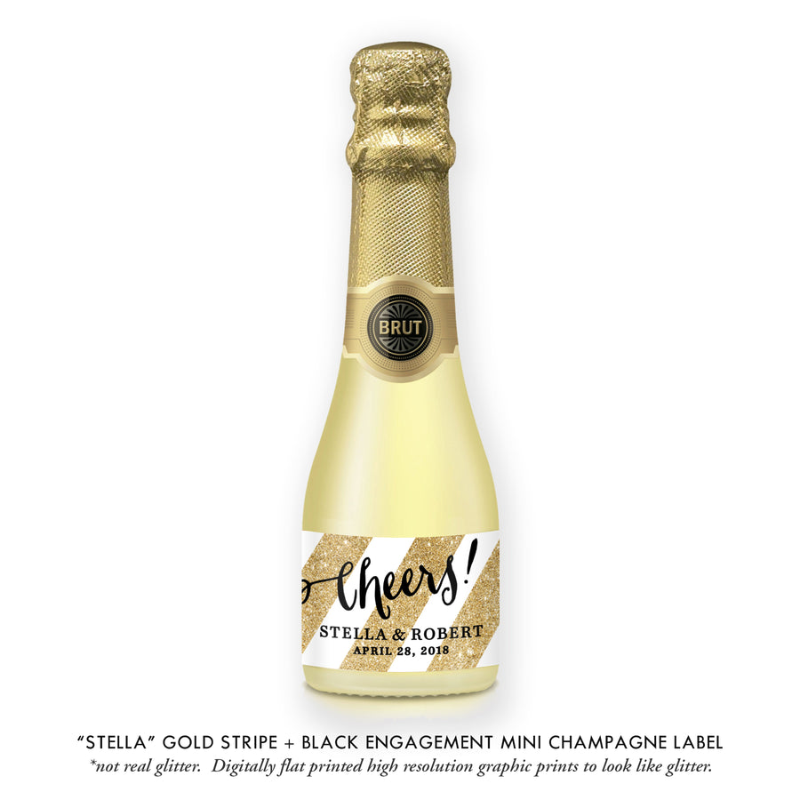 "Stella" Gold Stripe + Black Engagement Champagne Labels
