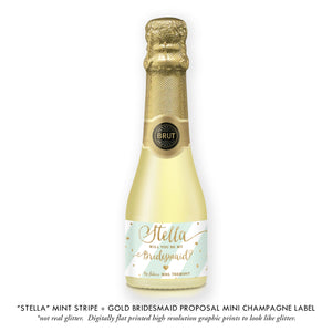 "Stella" Mint Stripe + Gold Bridesmaid Proposal Champagne Labels