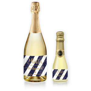 "Stella" Navy Stripe + Gold Bridesmaid Proposal Champagne Labels